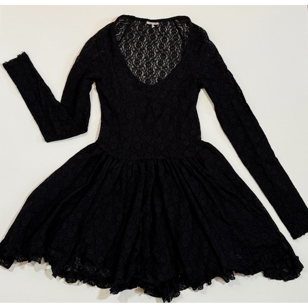 Intimately Free People Black Lace Mini Dress Long Sleeve V-Neck Ruffle Hem Small